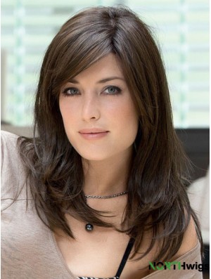 Human Hair Lace Front Wigs With Bangs Brown Color Long Length