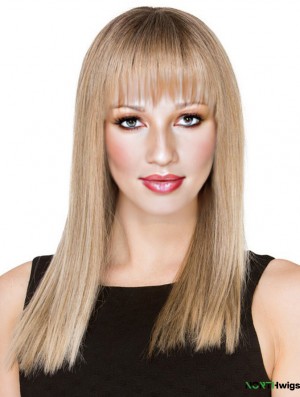 Blonde Long Human Hair Monofilament Wigs With Fringe With Bangs For Women