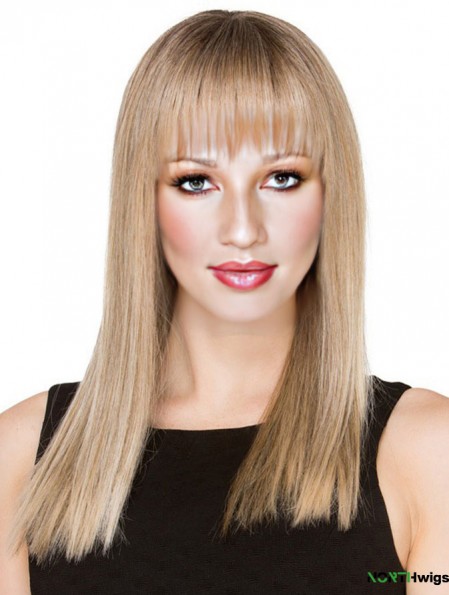 Blonde Long Human Hair Monofilament Wigs With Fringe With Bangs For Women