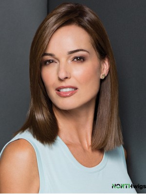 Without Bangs Brown Synthetic Straight 14 inch Medium Length Wigs