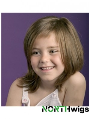 Straight Shoulder Length Brown Remy Human Hair 100% Hand-tied Kids Wigs