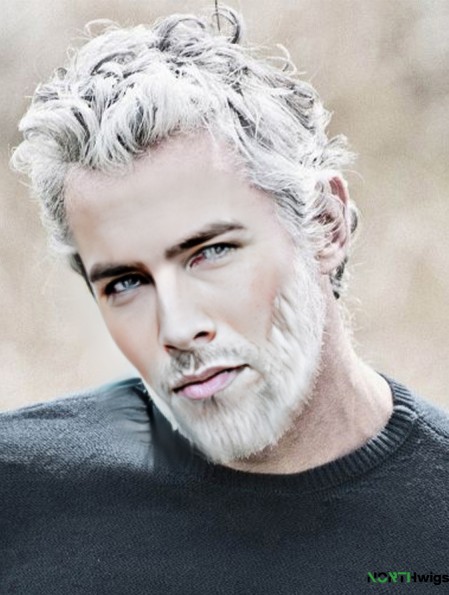 8 inch Remy Human Grey Wavy Short Realistic Wigs Men
