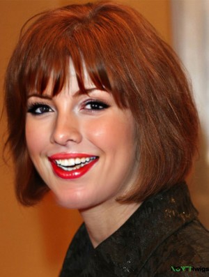 Natural Brown Chin Length Straight With Bangs 12 inch Human Hair Wigs